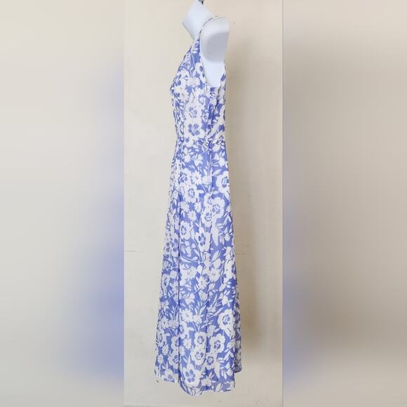 TOMMY HILFIGER Blue White Floral Print Halter Neck Sleeveless Fit & Flare Dress - Picture 3 of 9